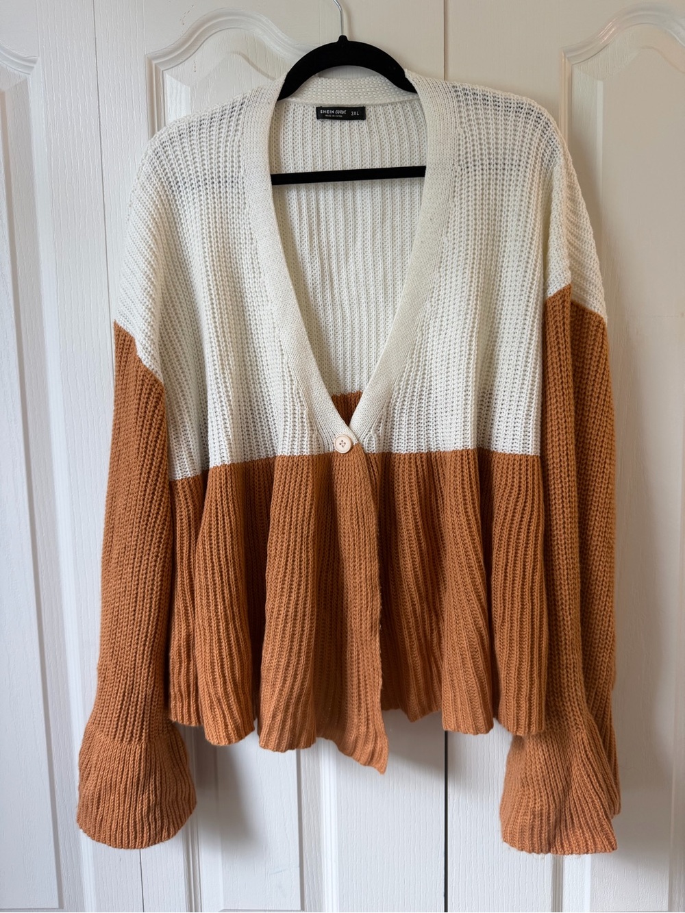 SHEIN Curve Two-Tone Cream & Brown Button-Front Cardigan
